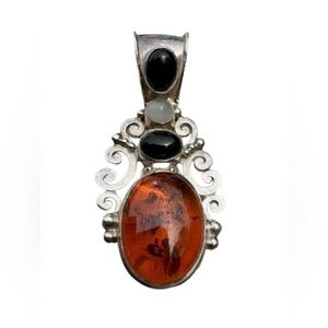 Vintage SUARTI BALI 925 Sterling Silver Black Onyx, Amber, & Moonstone Pendant
